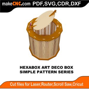 3D puzzle of The HexaBox Art Deco Box, precision laser-cut CNC template