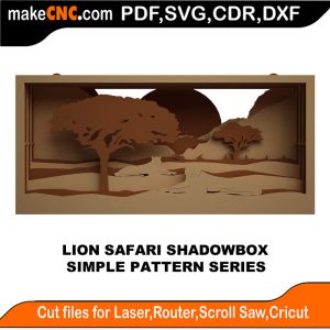 3D puzzle of a Lion Safari Shadow Box, precision laser-cut CNC template