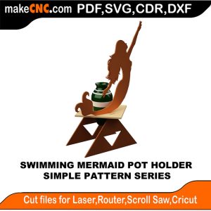 The Swimming Mermaid Pot Holder 3D Puzzle features an enchanting mermaid design, swimming gracefully and designed to cradle your plants with elegance. This artistic puzzle is crafted as a laser-cut CNC template, providing a mesmerizing and functional assembly experience. Ideal for laser cutters, CNC routers, and plasma cutters. Included file formats are SVG, DXF, CDR, PDF. The patterns are available in two standard sizes, usually 1/8th (.1250) and 3mm, but are scalable vectors, allowing you to adjust the pattern size to suit the thickness of your material. Scaling up will enlarge the finished product or reduce it if scaled down. Please see our Scale Calculator for easy adjustments.