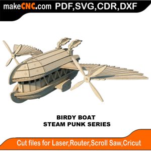 3D puzzle of Birdy Boat, a steampunk-inspired flying machine, precision laser-cut CNC template