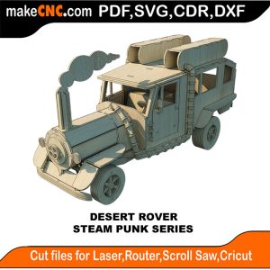 3D puzzle of Desert Rover, a steampunk-inspired exploration vehicle, precision laser-cut CNC template