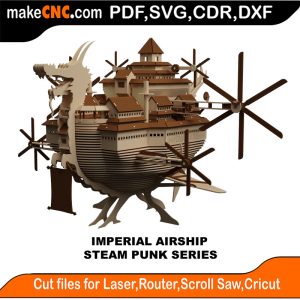 3D puzzle of a steampunk airship, precision laser-cut CNC template