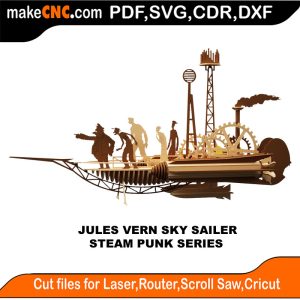 3D puzzle of a steampunk sky sailer, precision laser-cut CNC template