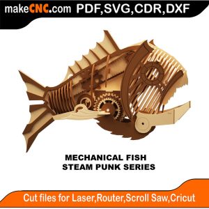 3D puzzle of a mechanical fish, precision laser-cut CNC template