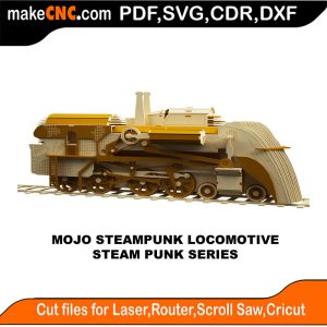 3D puzzle of a steampunk-inspired Mojo Locomotive, precision laser-cut CNC template