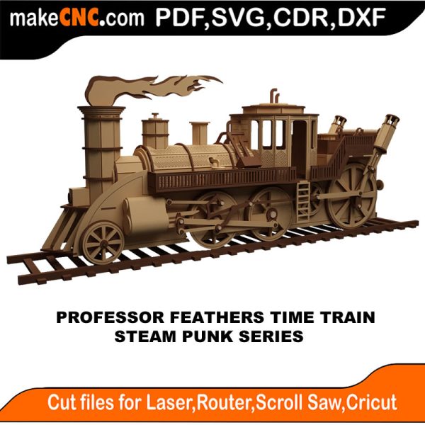3D puzzle of Professor Feather's Time Train, a steampunk-inspired time-traveling train, precision laser-cut CNC template
