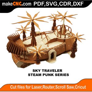 3D puzzle of Sky Traveler, a steampunk-inspired airship, precision laser-cut CNC template
