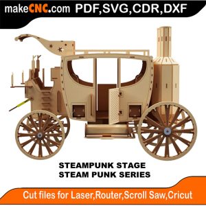 3D puzzle of a Steampunk Stage coach, precision laser-cut CNC template 3D puzzle of a Steampunk Stage coach, precision laser-cut CNC template