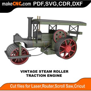 Vintage Steam Roller - Traction Engine 3D Puzzle Pattern Plans 3D Puzzle Pattern for CNC Laser Router Silhouette Die Cutter Scroll Saw Model DXF SVG Plans Toy Laser Cricut Silhouette