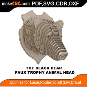 3D puzzle of The Trophy Faux Bear Head, precision laser-cut CNC template
