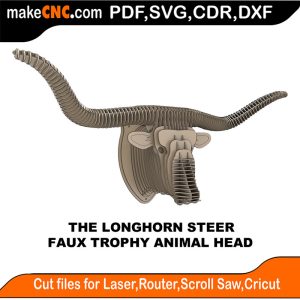 3D puzzle of The Trophy Faux Longhorn Steer Head, precision laser-cut CNC template