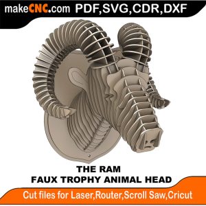 3D puzzle of The Trophy Faux Ram Head, precision laser-cut CNC template