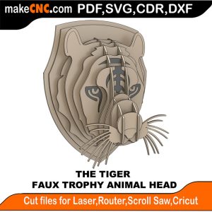 3D puzzle of The Trophy Faux Tiger Head, precision laser-cut CNC template
