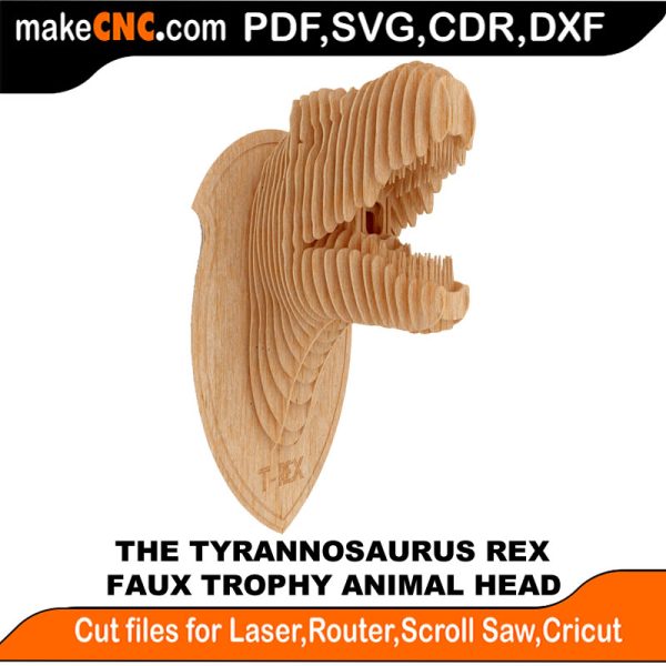 3D puzzle of The Tyrannosaurus Rex Head, precision laser-cut CNC template Title: The Tyrannosaurus Rex Head 3D Puzzle