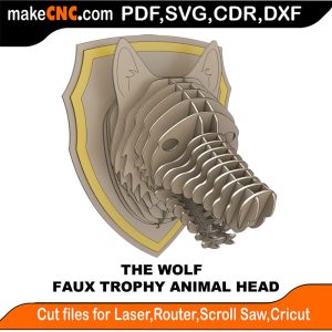 3D puzzle of The Trophy Faux Wolf Head, precision laser-cut CNC template