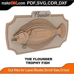 3D puzzle of The Flounder Trophy Fish, precision laser-cut CNC template