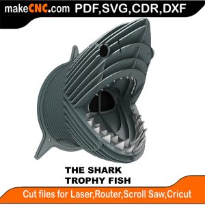 3D puzzle of The Trophy Faux Shark Head, precision laser-cut CNC template