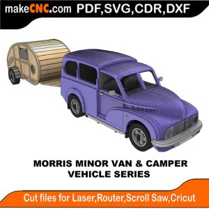 3D puzzle of a custom Morris Minor Van and Camper, precision laser-cut CNC template