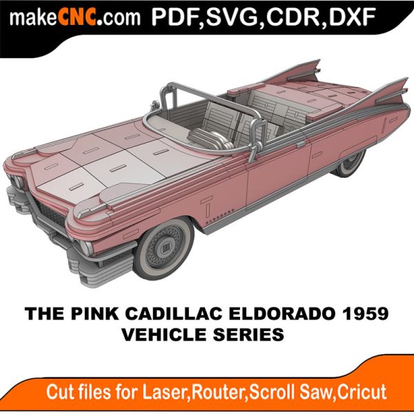 3D puzzle of The Pink Cadillac Eldorado 1959, precision laser-cut CNC template