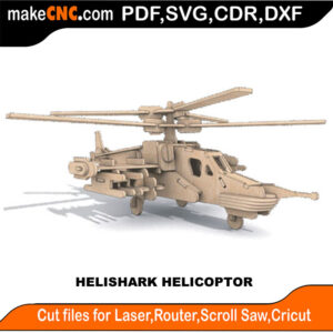 3D puzzle of a helicopter shark, precision laser-cut CNC template