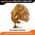 3D puzzle of an Indian peacock, precision laser-cut CNC template