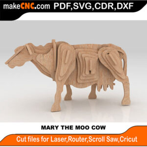 3D puzzle of a cow, precision laser-cut CNC template