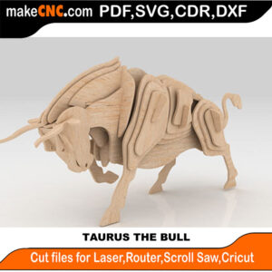 3D puzzle of Taurus the bull, precision laser-cut CNC template