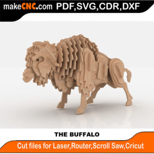 3D puzzle of a buffalo or American bison, precision laser-cut CNC template