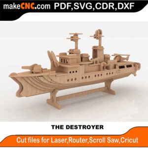 3D puzzle of a destroyer ship, precision laser-cut CNC template