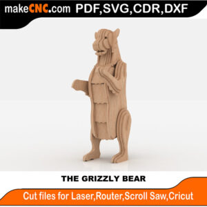 3D puzzle of a grizzly bear, precision laser-cut CNC template