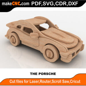 3D puzzle of a Porsche sports car, precision laser-cut CNC template