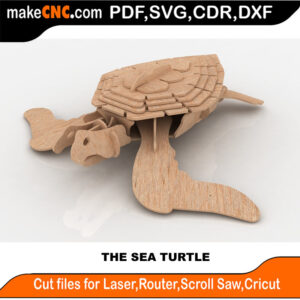 3D puzzle of a sea turtle, precision laser-cut CNC template