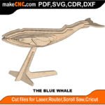 3D puzzle of a blue whale, precision laser-cut CNC template