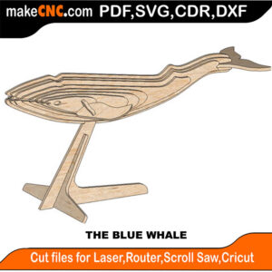 3D puzzle of a blue whale, precision laser-cut CNC template