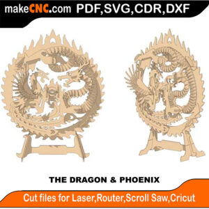 3D puzzle of a dragon and phoenix, precision laser-cut CNC template