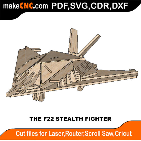 3D puzzle of an F22 Stealth Fighter, precision laser-cut CNC template