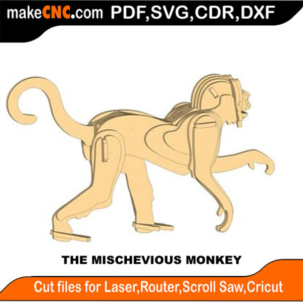 3D puzzle of a mischievous monkey, precision laser-cut CNC template