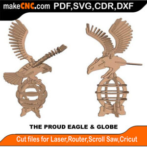 3D puzzle of a proud eagle and globe, precision laser-cut CNC template