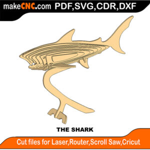 3D puzzle of a mighty shark, precision laser-cut CNC template