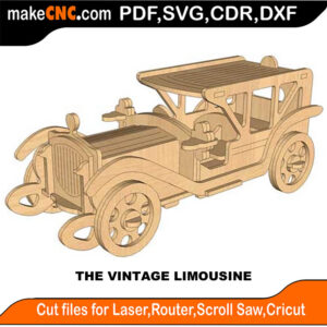 3D puzzle of a vintage limousine, precision laser-cut CNC template