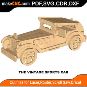 3D puzzle of a vintage sports car, precision laser-cut CNC template
