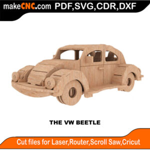 3D puzzle of a Volkswagen Beetle, precision laser-cut CNC template