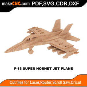3D puzzle of an F-18 Super Hornet jet plane, precision laser-cut CNC template