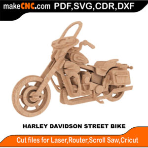 3D puzzle of a Harley Davidson Street Bike, precision laser-cut CNC template
