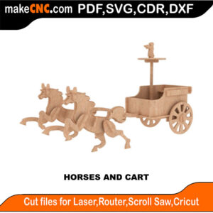 3D puzzle of horses and cart, precision laser-cut CNC template