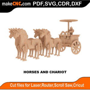 3D puzzle of horses and chariot, precision laser-cut CNC template