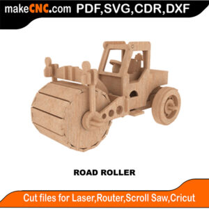 3D puzzle of a road roller, precision laser-cut CNC template