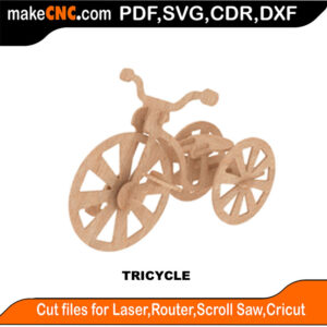 3D puzzle of a tricycle, precision laser-cut CNC template