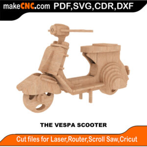 3D puzzle of a Vespa Scooter, precision laser-cut CNC template