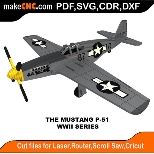3D puzzle of the Mustang P-51 Plane, precision laser-cut CNC template